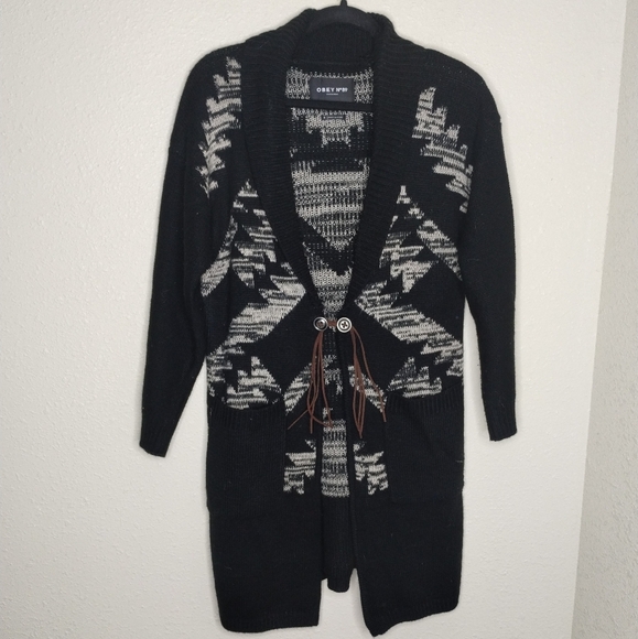 Obey Propaganda Black Cream Long Knit Cardigan Sweater Duster Size Small - Picture 1 of 6
